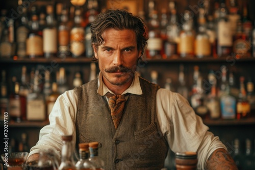 a bartender with an air of mystery stirs an old-fashioned In a dimly lit speakeasy