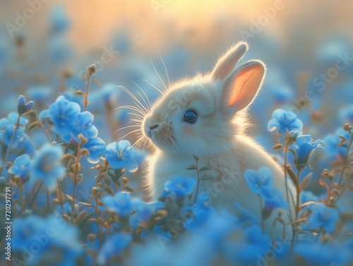 The rabbit's coat is a luminous white, blending with the glowing flowers 