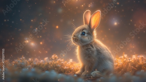 a rabbit with silvery fur sits gazing at the Earth on the moon with whimsical lunar landscape