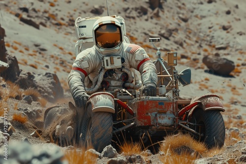 an engineer in a specialized EVA suit examines a lunar rover On a remote lunar landscape