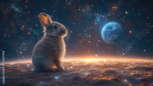 a rabbit with silvery fur sits gazing at the Earth  on the moon with whimsical lunar landscape © Phimchanok