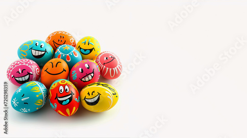 Funny colorful Easter eggs with smiles on their face on a white background