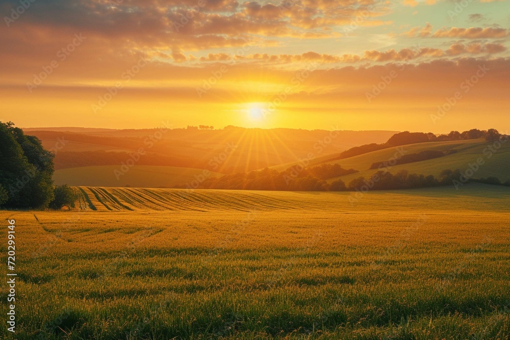 Beautiful summer sunrise over fields