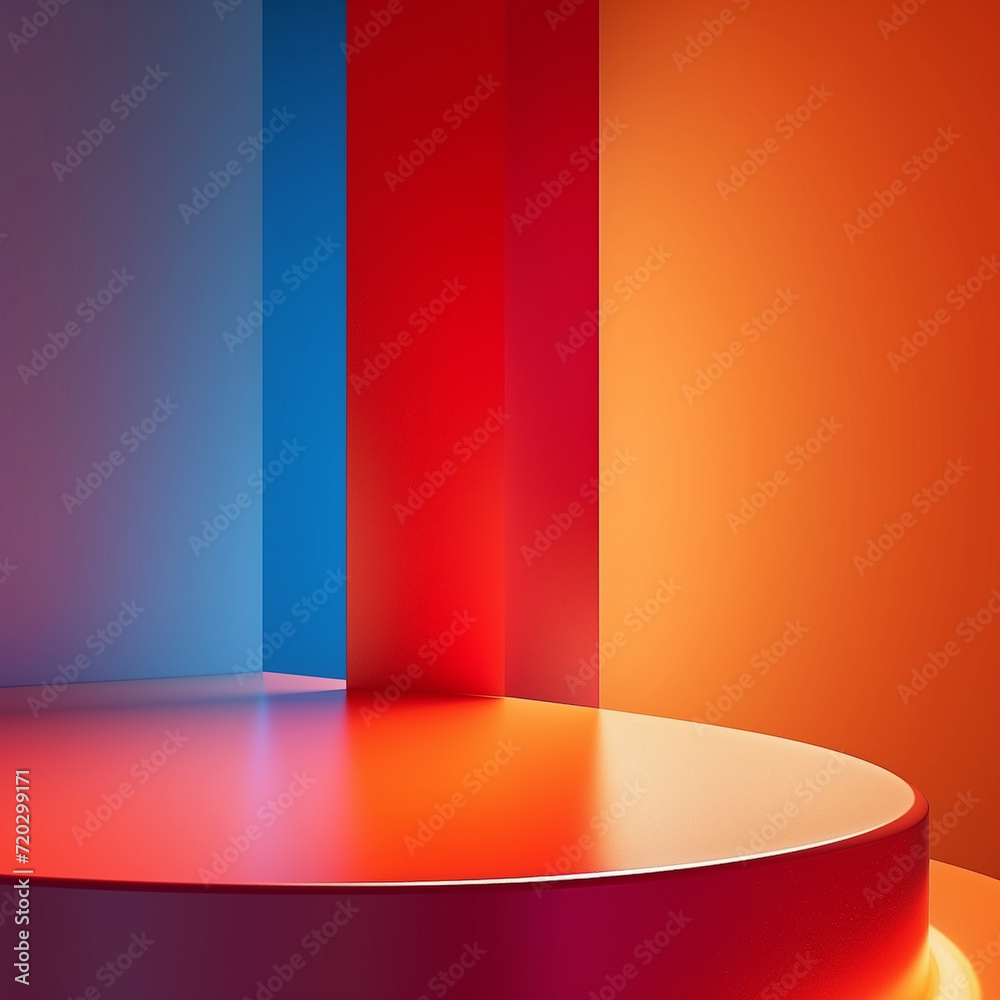 A realistic podium for displaying products, with natural sunny lights, red, orange, yellow and green vibrant colours.