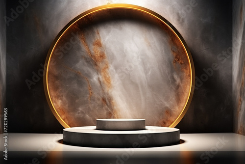 Circular marble podium with golden halo lighting