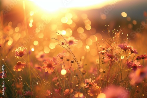 Beautiful sunrise in the mountain..Meadow landscape refreshment with sunray and golden bokeh. © Amer