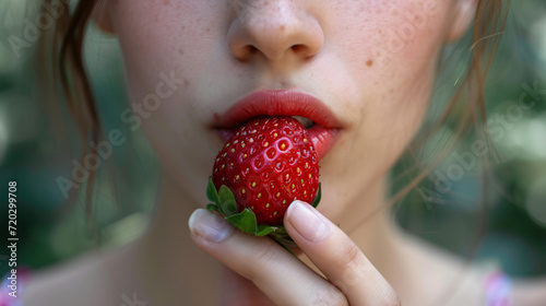 Close up of a women eating strawberry
