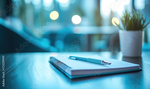 Notepad on a table with pen before meeting, blue tone, business concept with copy space, selective focus photo