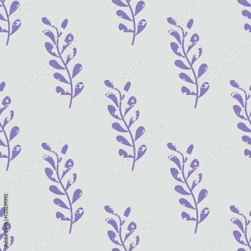 Seamless pattern with foliage and grunge texture. Abstract lavender colored elements on light gray background. Floral background in pastel colors. For printing on textiles or paper products.