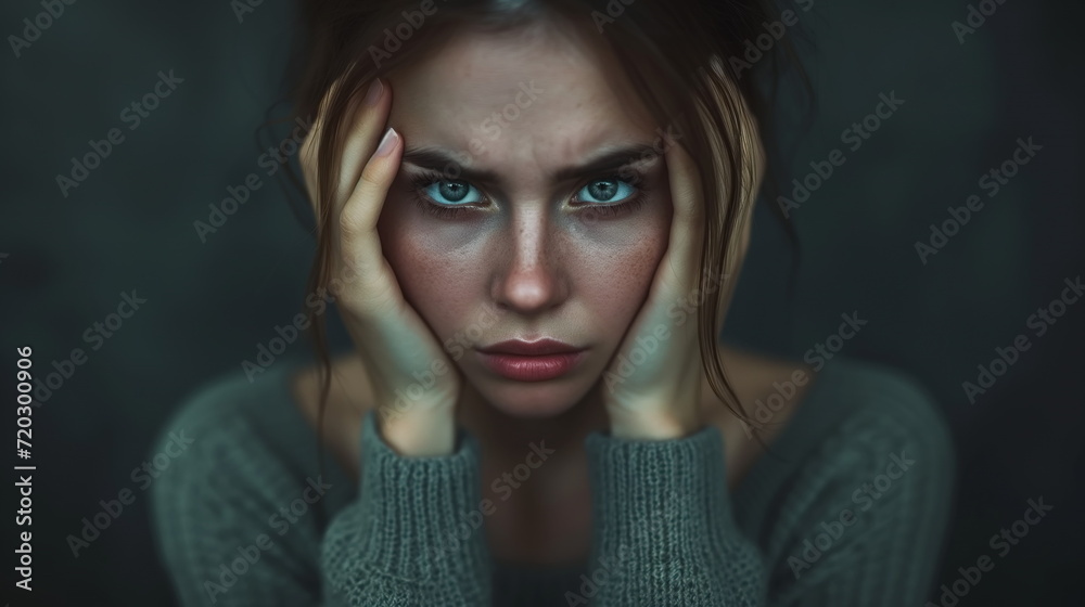 Close-up portrait of a depressing woman. shock distress sad cry emotional. touching face. Generated AI Close-up portrait of a depressing woman. shock distress sad cry emotional. touching face. Generated AI