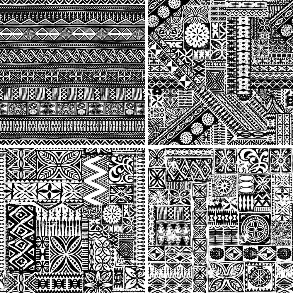 Polynesian style tapa cloth motifs tribal fabric vintage vector seamless pattern collection