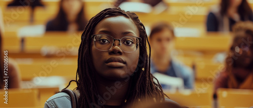 Focused student in a lecture hall, her determined gaze piercing through a sea of peers photo