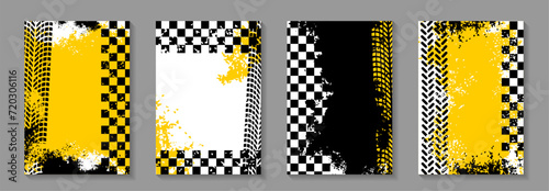 Race car track. Flag sport racing. Road checker frame. Rally speed drive. Formula competition finish stripe. Auto tire wheel print. Tyre drift. Street dirt. Grunge banners set. Vector tidy backgrounds