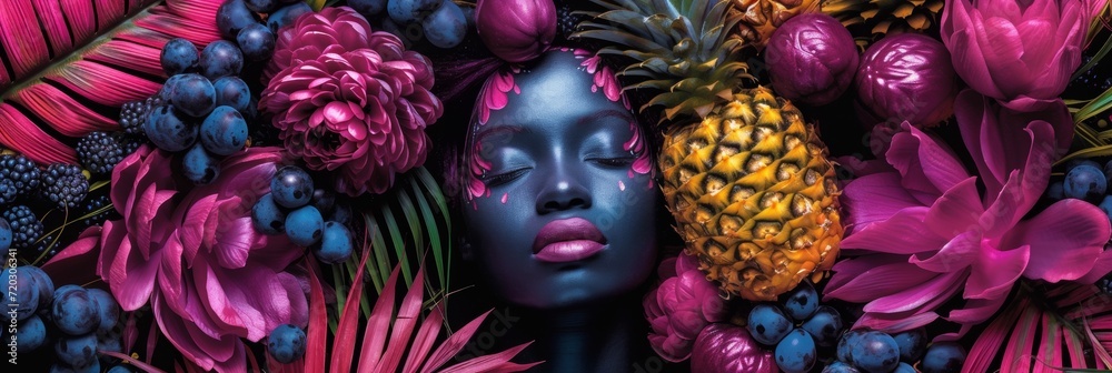 woman in tropical flowers with colorful pineapples