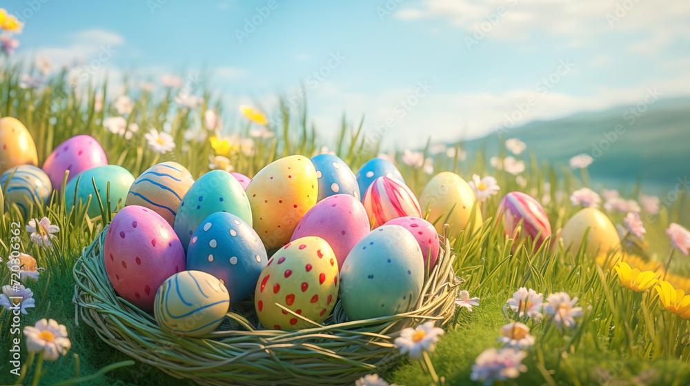 Colorful Paint Art Easter Eggs Orange Flowers Grass Field Sunlight, Happy Easter Wallpaper. Generative AI.