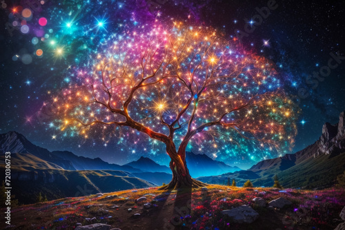 Alone tree with  fireflies or lightning bug in the night sky. A colorful winter landscape illustration  Generative AI