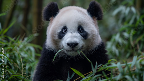 Panda eating bamboo. Cute panda bear with bamboo looking at camera 