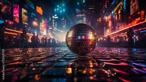 Bright disco scene with neon lights and dazzling disco ball as the centerpiece