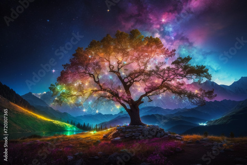 Alone tree with fireflies or lightning bug in the night sky. A colorful winter landscape illustration, Generative AI