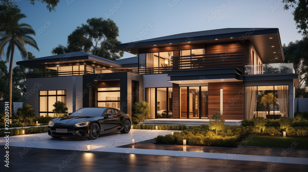 Beautiful evening exterior of a large modern home with glowing interior lighting and landscaping Beautiful evening exterior of a large modern home with glowing interior lighting and landscaping