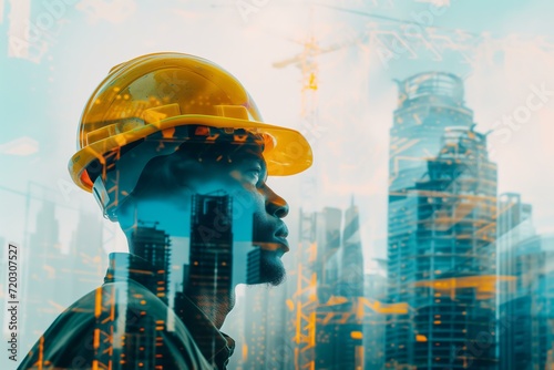 profile of construction worker with a yellow protective helmet double exposure with skyscrappers photo