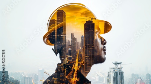profile of construction worker with a yellow protective helmet double exposure with skyscrappers photo