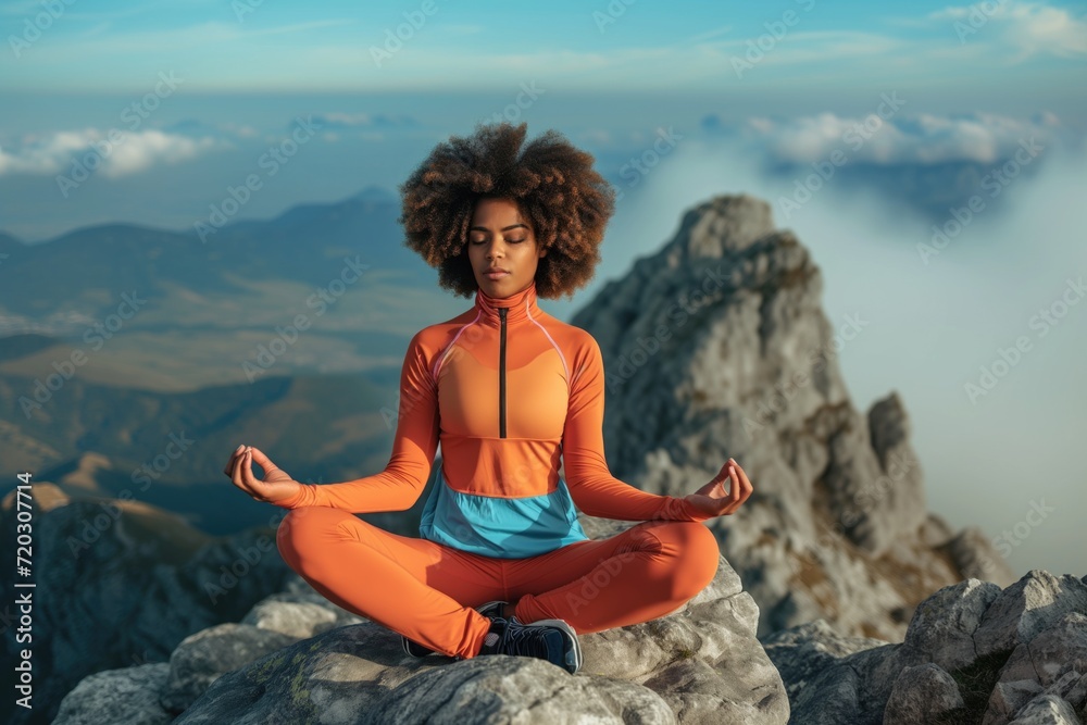 A black woman with natural curly hair meditating on the top of the mountain