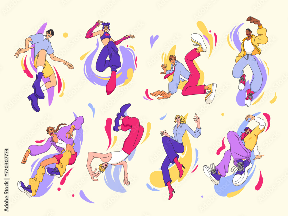 People jumps. Young cartoon characters. Excited men or women pose. Persons energy. Bouncing or flying guy. Joyful girls flight. Creative human creator. Abstract color splash. Vector illustrations set