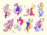People jumps. Young cartoon characters. Excited men or women pose. Persons energy. Bouncing or flying guy. Joyful girls flight. Creative human creator. Abstract color splash. Vector illustrations set
