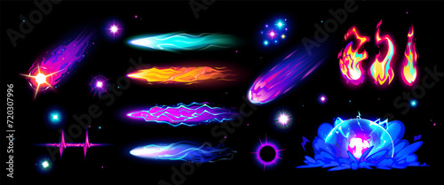 Speed effect. Magic cartoon VFX. Comic line blaster shot. Bomb boom smoke. Flash lightning motion. Energy animation. Game spell light. Fire flame. Purple and green laser. Fantasy elements vector set