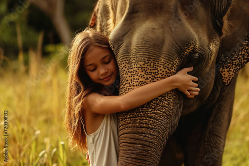 Young girl in tender embrace with a gentle elephant