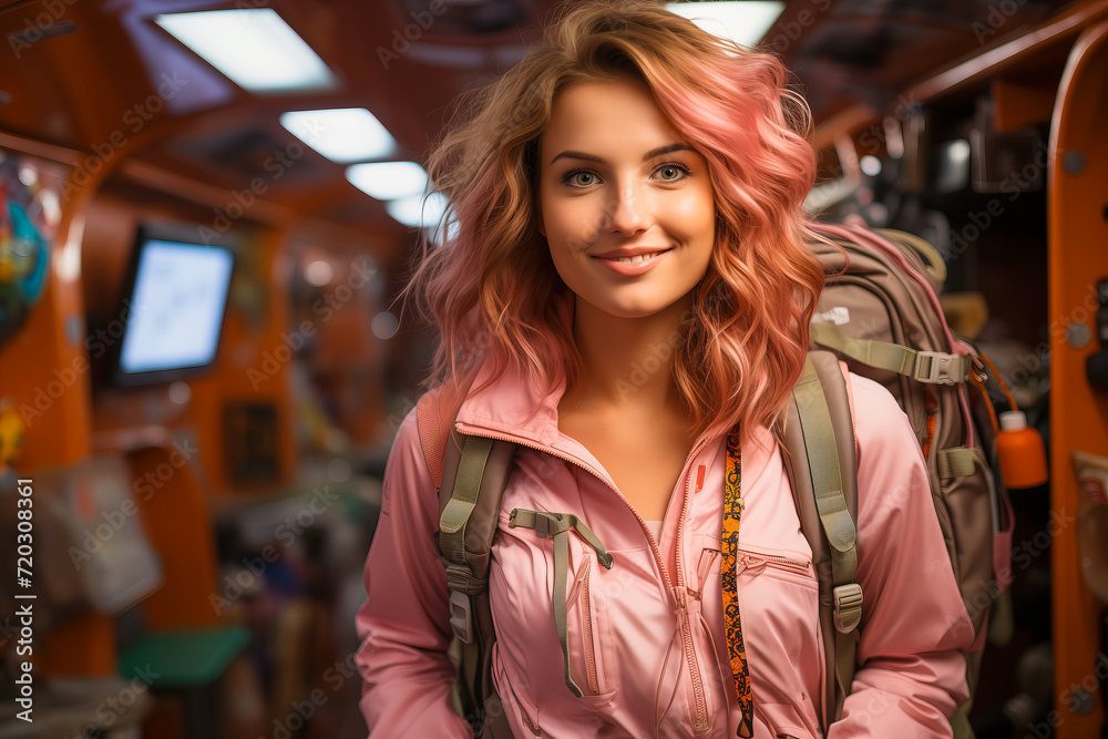 A young woman in a pink hiking jacket against the background of a subway car.