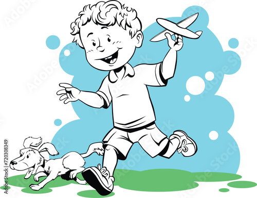 Boy running with his dog.
Color Vector illustration of a cartoon boy running with his dog and holding toy airplane.