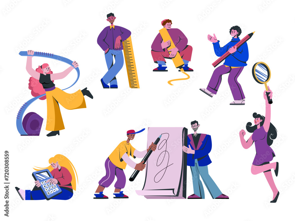 People with stationery. Happy persons holding pens and rulers. Designer education. Man and woman writing notes in giant notebook. Big pencil and highlighter. Calculator in hands. Vector concepts set