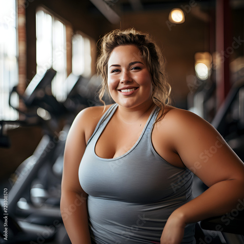 An overweight woman in a gym. A body positive concept. 