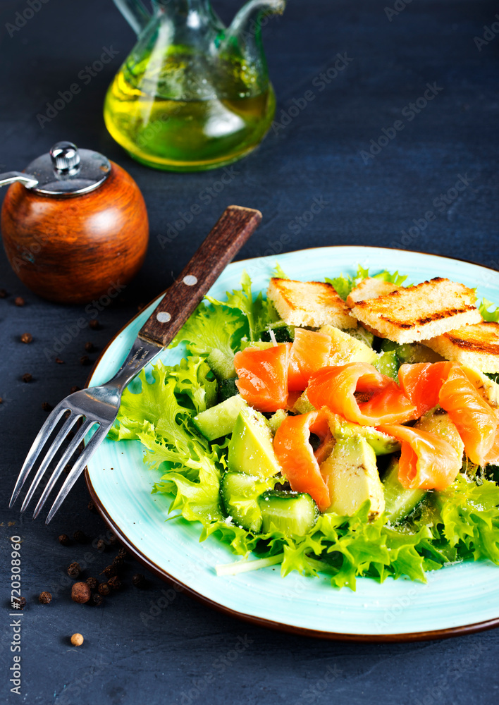 salad with fresh salmon, cucumber and olive oil salad with fresh salmon, cucumber and olive oil