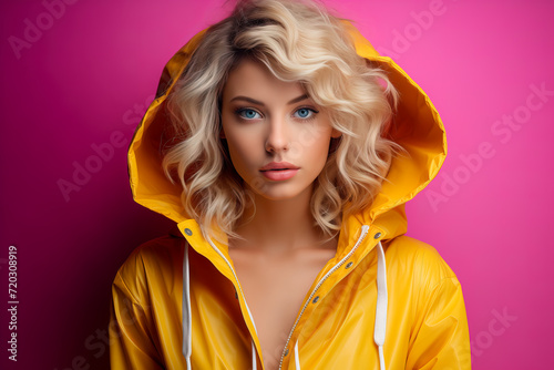 A young woman in a yellow jacket on a pink background with space for text.