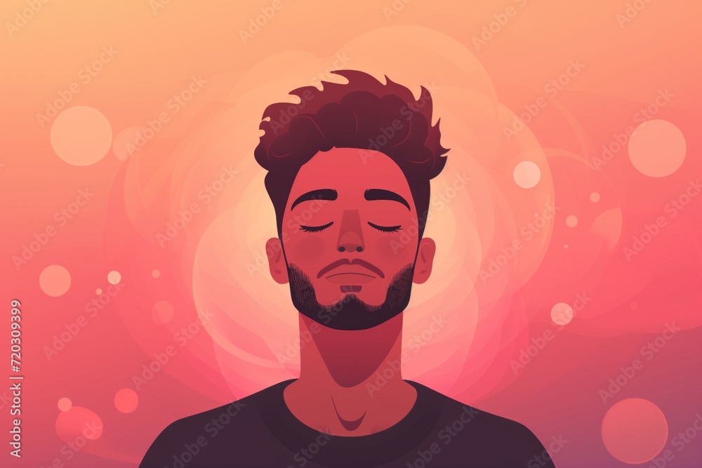 Illustration Man meditating peacefully with eyes closed, bokeh background