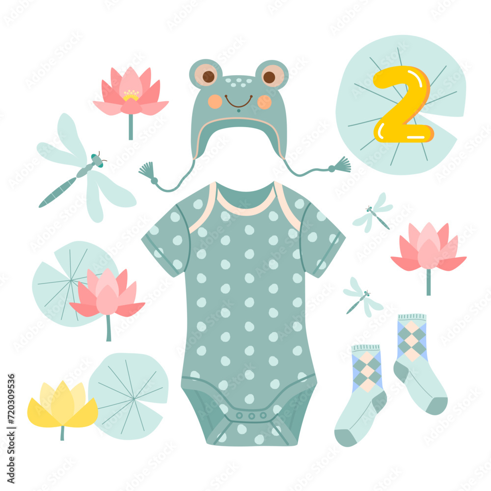 Cute frog clothes for baby. Green polka dot short sleeve bodysuit, frog face hat, socks, water lilies, dragonflies. Vector illustration of accessories for newborn for design of photo album.