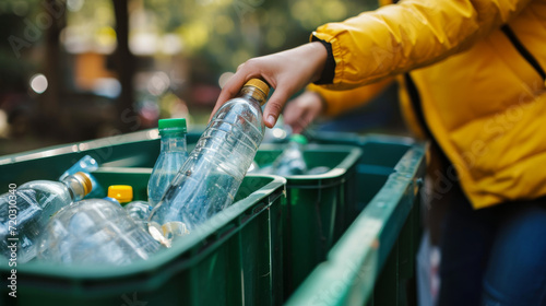 Person recycling a clear plastic bottle.