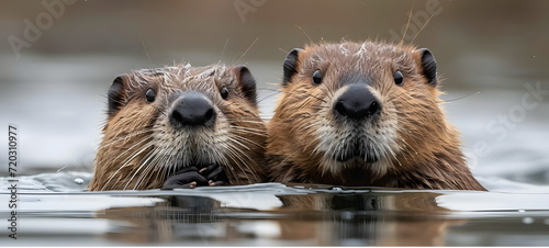 Two otters swim in a pond. Caring for the environment.