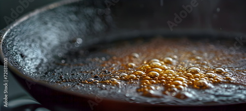 Close shot of boiling caramel on a frying pan