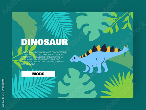 Cartoon dino. Paleontology landing page. Tropical forest. Palm leaves. Jurassic nature. Prehistoric animal. Stegosaurus dinosaur. Extinct reptile. Kids education. Website template. Vector background