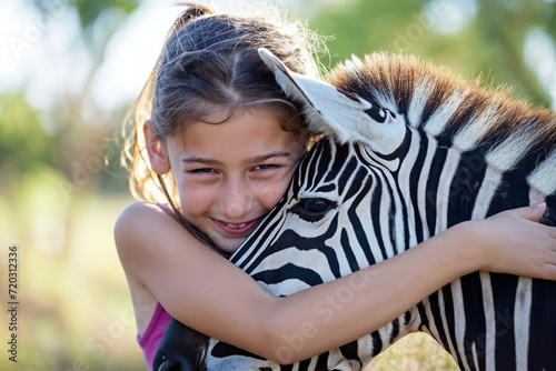 Girl Cuddling with Zebra