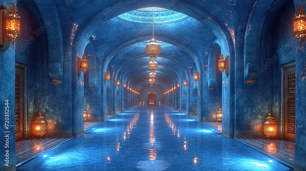 Fototapeta premium A Tranquil Hallway Bathed in Serene Blue Hues Illuminated Background
