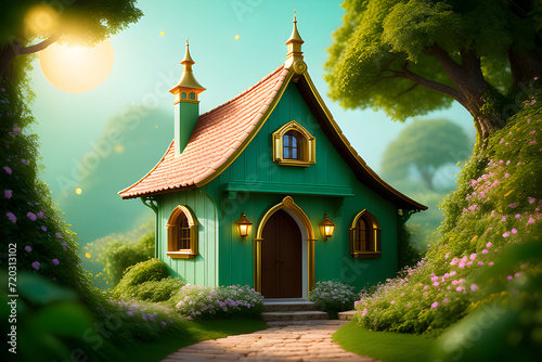 Fairytale tree house in a mysterious forest  house of pixies and elves. template for design. Playground AI platform.