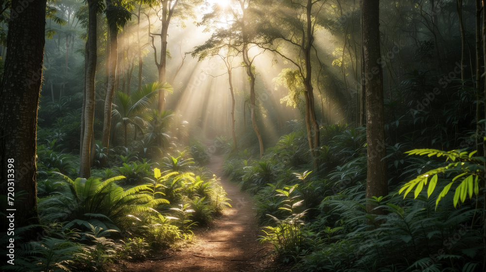 Obraz premium Sunlight filtering through trees on a misty path in the woods, creating a serene landscape with greenery. Generative ai