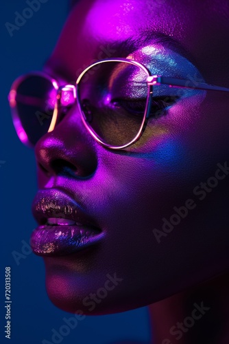 a woman is wearing glasses with a neon purple background