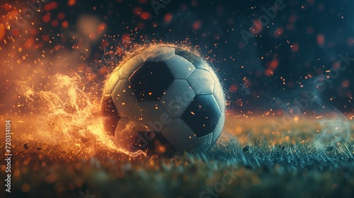 Football fireball on a football lawn in close-up, the concept of sports football games, a banner for classic football