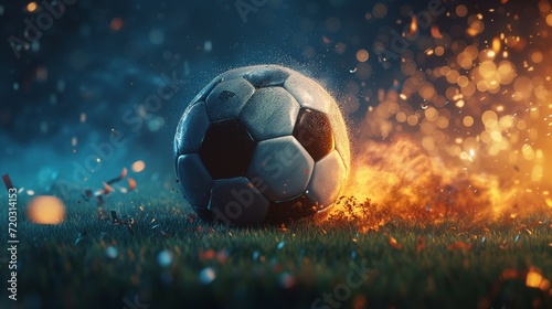 Football fireball on a football lawn in close-up, the concept of sports football games, a banner for classic football © Vadim